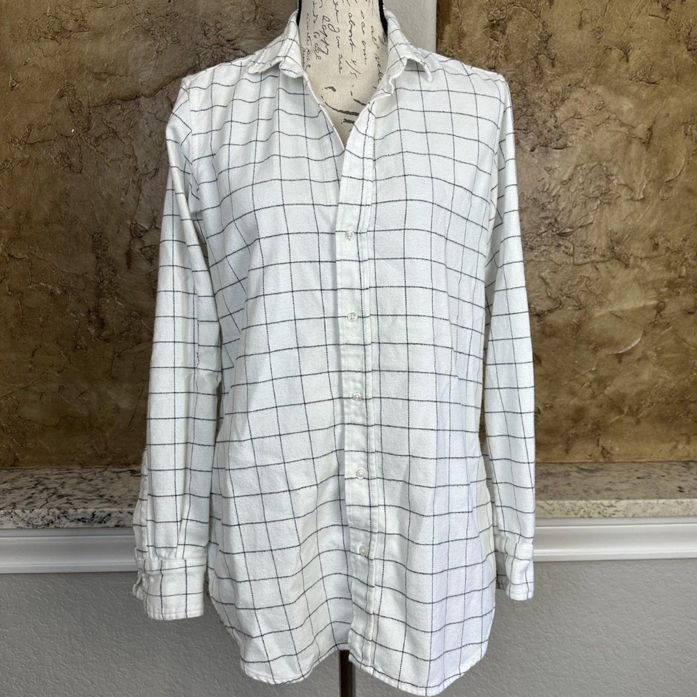 Frank & Eileen Grayson Flannel Shirt Womens Medium Button Front Plaid White Navy